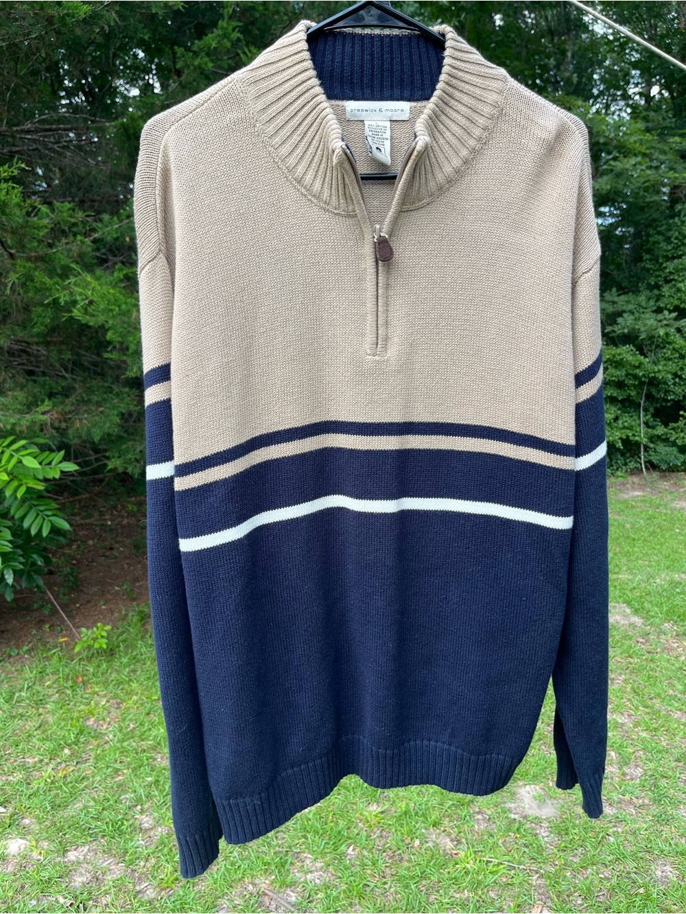 Preswick & Moore Navy, Tan & Cream Half-Zip Striped Sweater